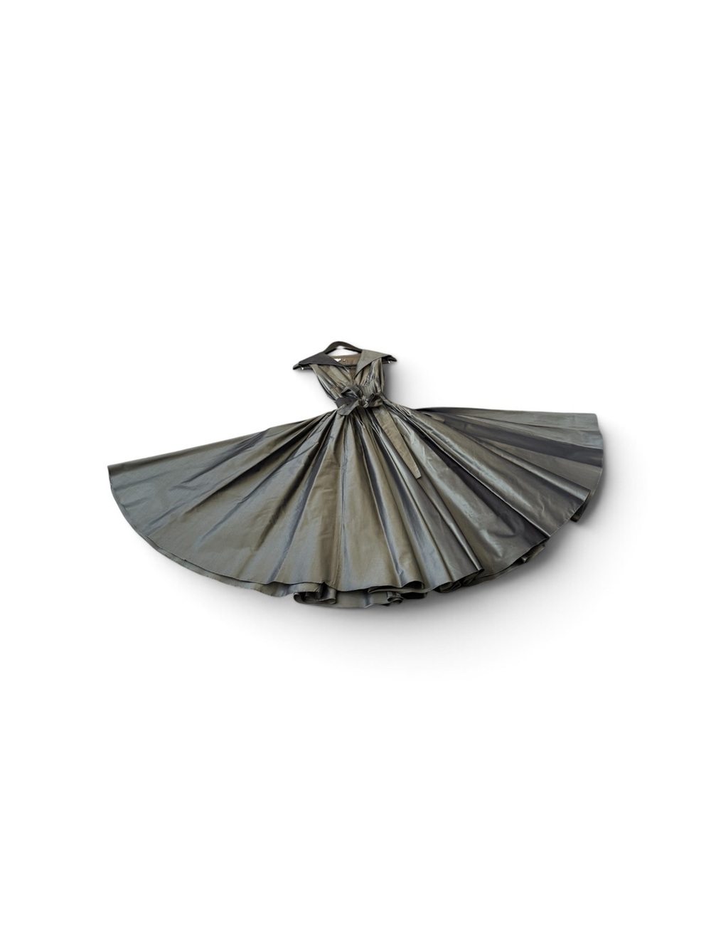 Teri Jon Olive Green Taffeta Fit‑and‑Flare Midi Dress with Pleated Waist & Bow - Picture 1 of 15